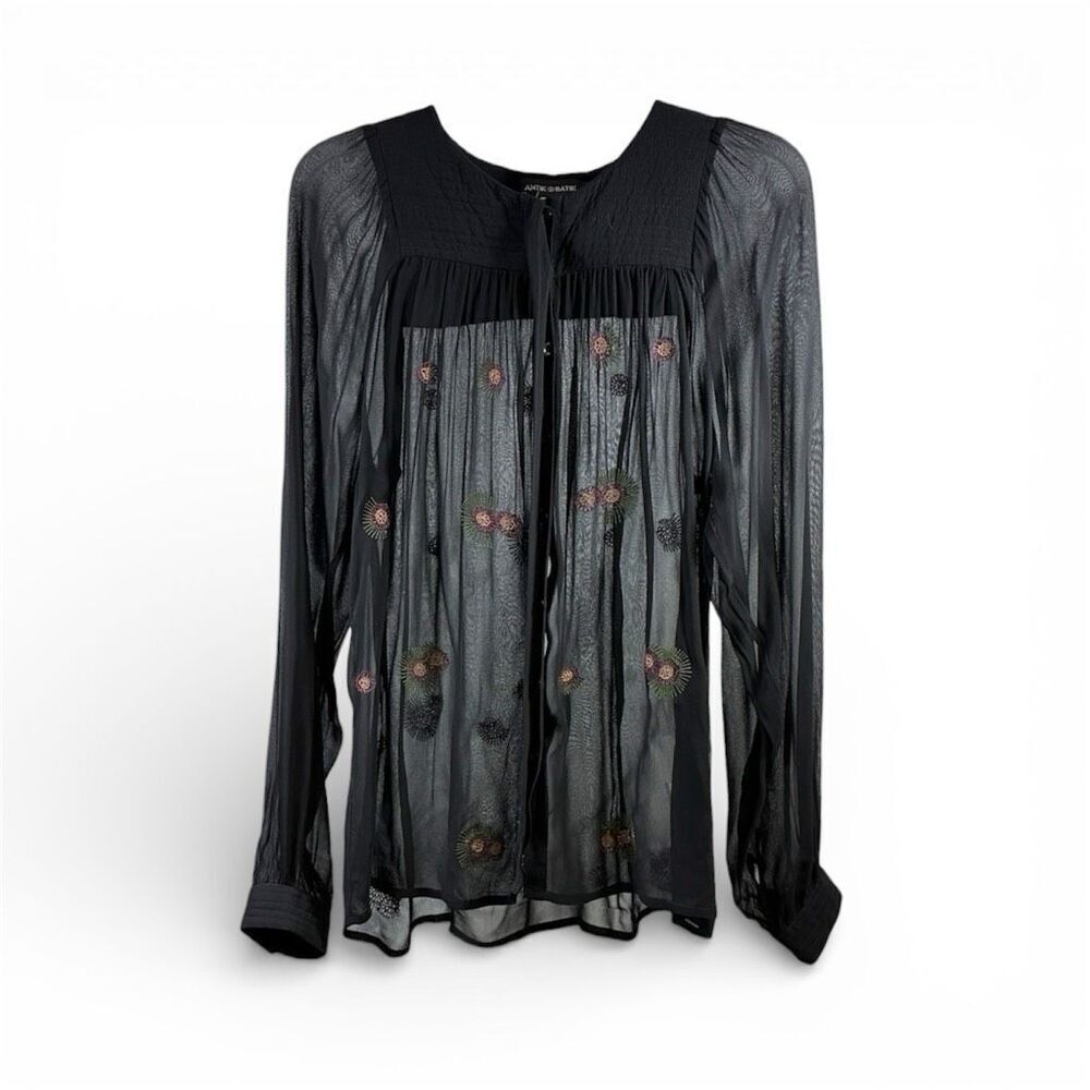 Antik Batik Sheer Embroidered Long Sleeve Blouse in Black Size S